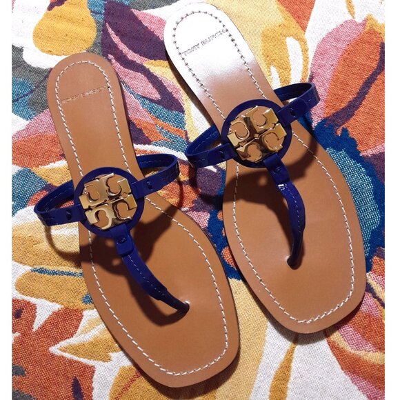 Tory Burch Mini Miller Gold Blue Sandals Brazil sz 8M - Picture 1 of 10
